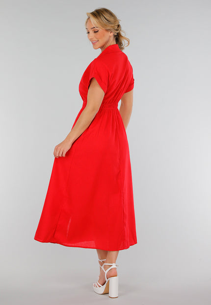 NEW280525 Rode Getailleerde Midi Overhemdjurk