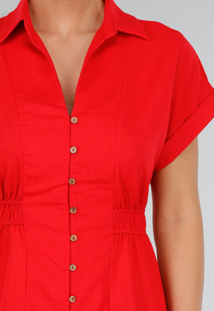 NEW280525 Rode Getailleerde Midi Overhemdjurk