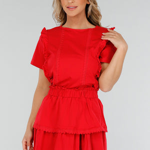 NEW280525 Rode Katoenen Co-ord met Ruches en Borduursel