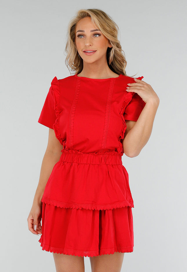 NEW280525 Rode Katoenen Co-ord met Ruches en Borduursel