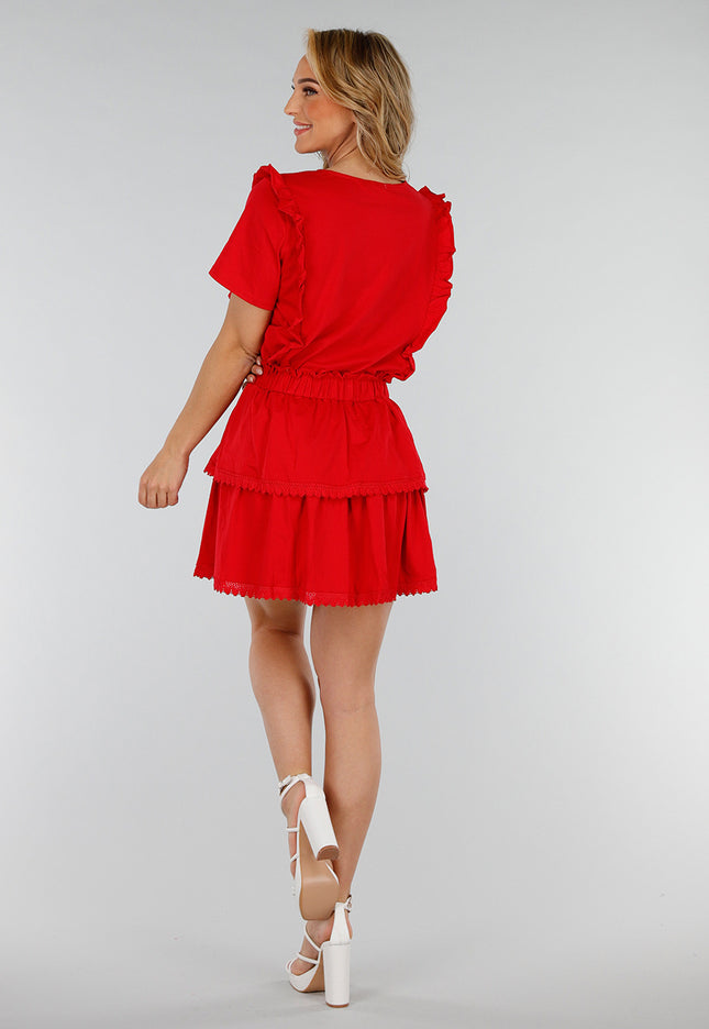 NEW280525 Rode Katoenen Co-ord met Ruches en Borduursel