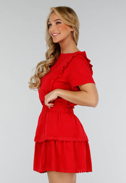 NEW280525 Rode Katoenen Co-ord met Ruches en Borduursel