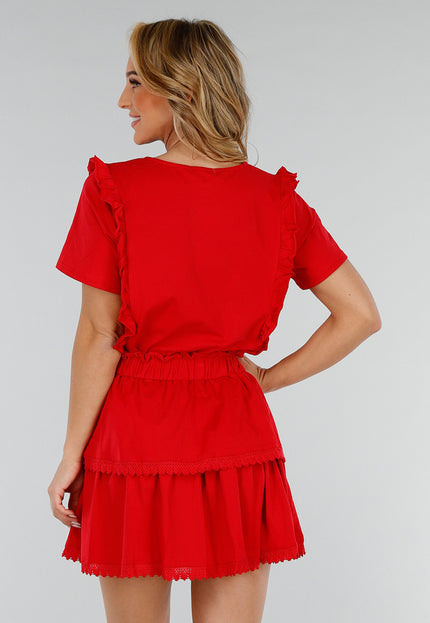 NEW280525 Rode Katoenen Co-ord met Ruches en Borduursel