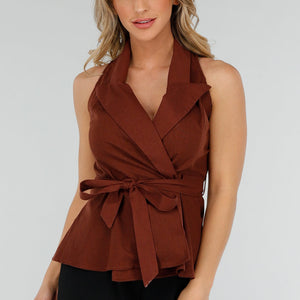 OP=OP.34.NL Roestbruine Overslag Gilet met Ceintuur