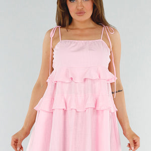 NEW280525 Roze Ruffle Jurk met Linnenlook