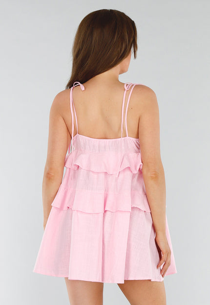 NEW280525 Roze Ruffle Jurk met Linnenlook
