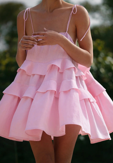 NEW280525 Roze Ruffle Jurk met Linnenlook