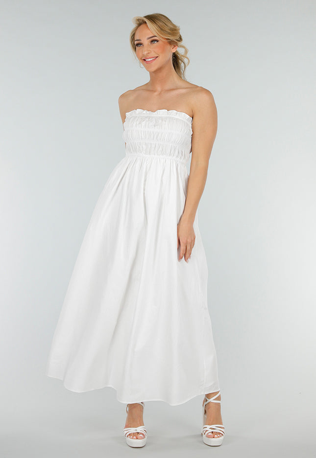 NEW280525 Strapless Linnenlook Maxi Jurk in Wit