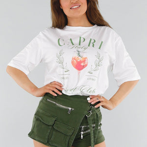 NEW280525 Wit Katoenen Oversized T-shirt met Cocktail Print