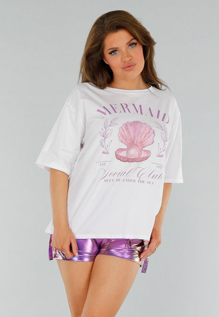 OP=OP.09.NL Wit Shirt met Paarse Mermaid en Schelp Print