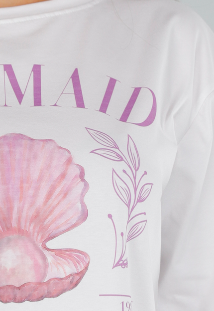 OP=OP.09.NL Wit Shirt met Paarse Mermaid en Schelp Print