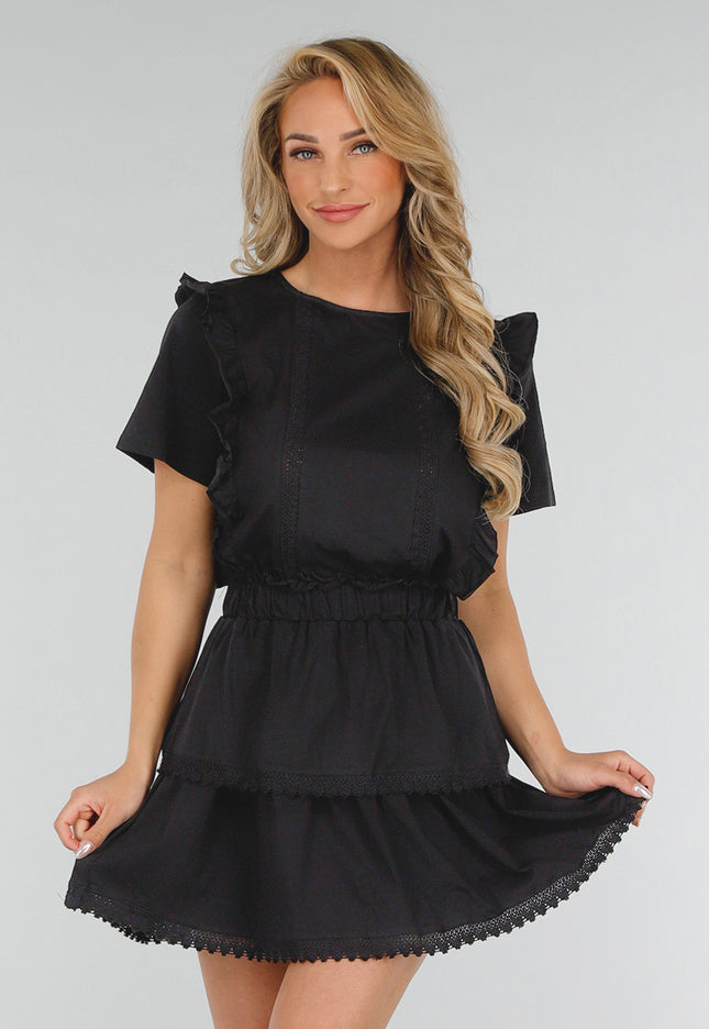 NEW280525 Zwarte Katoenen  Co-ord met Ruches