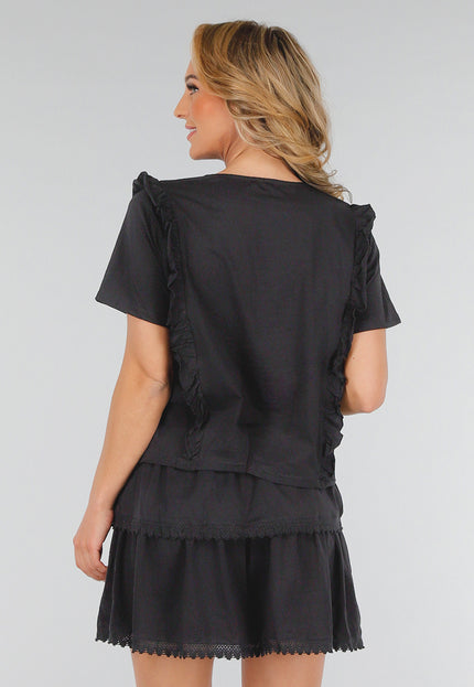 NEW280525 Zwarte Katoenen  Co-ord met Ruches