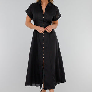 NEW280525 Zwarte Midi Overhemdjurk met Knoopsluiting