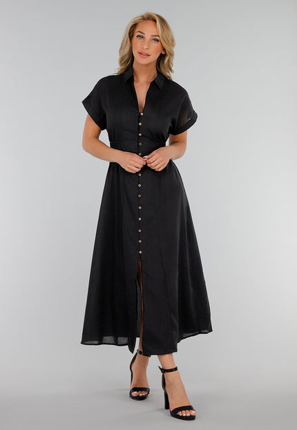 NEW280525 Zwarte Midi Overhemdjurk met Knoopsluiting