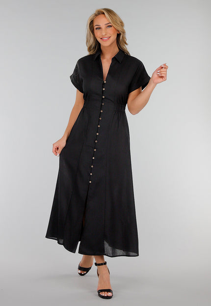NEW280525 Zwarte Midi Overhemdjurk met Knoopsluiting