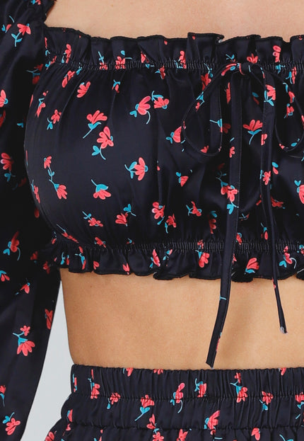 NEW280525 Zwarte Stretch Set met Kant en Bloemenprint