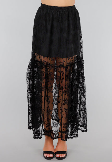NEW280525 Zwarte Transparante Kanten Maxi Rok