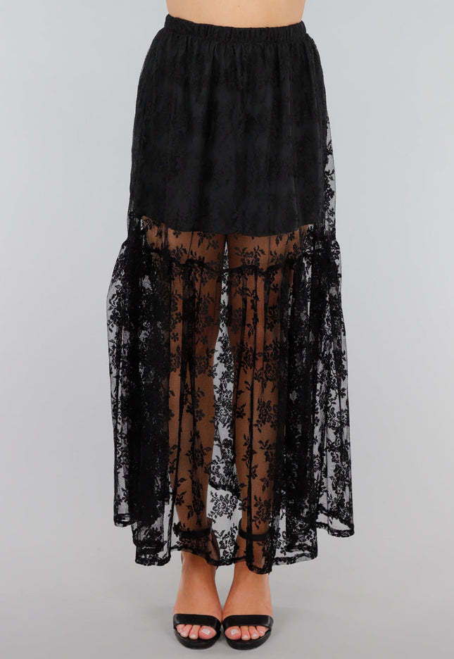 NEW280525 Zwarte Transparante Kanten Maxi Rok