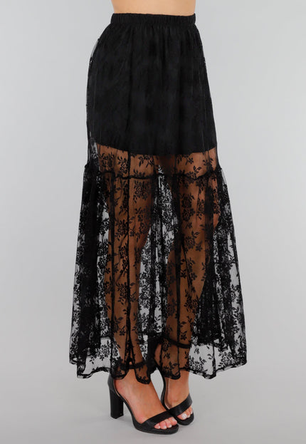 NEW280525 Zwarte Transparante Kanten Maxi Rok