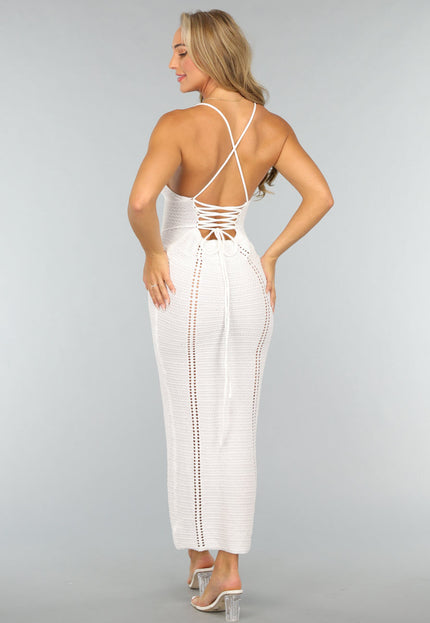 NEW2808 Lange Witte Gehaakte Strand Jurk
