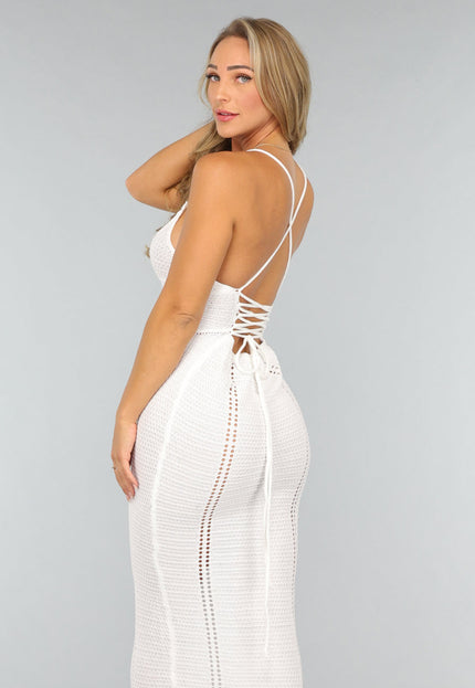 NEW2808 Lange Witte Gehaakte Strand Jurk