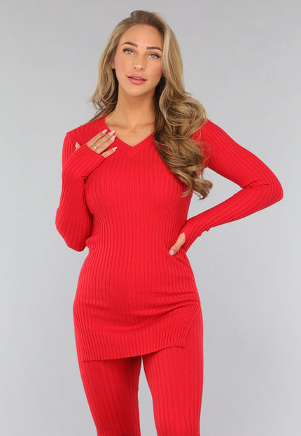 NEW2808 Rode Ribstof Longsleeve Co Ord Set