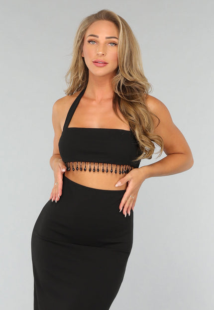 OP=OP.46.NL Zwarte Lange Halter Jurk met Strass Fringe