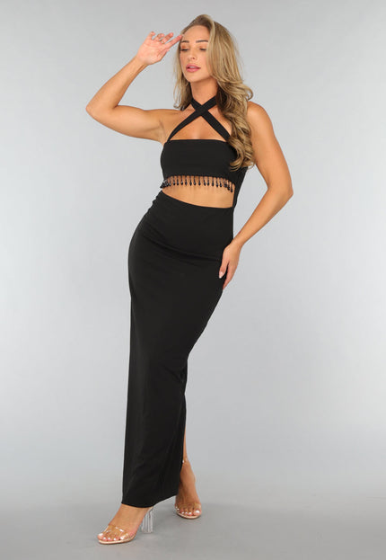 OP=OP.46.NL Zwarte Lange Halter Jurk met Strass Fringe