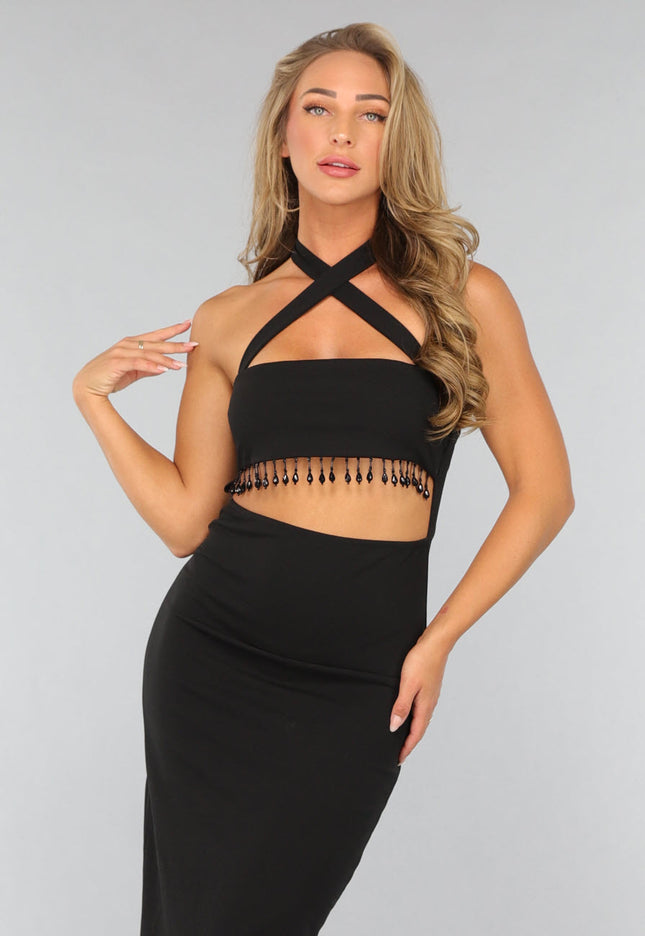 OP=OP.46.NL Zwarte Lange Halter Jurk met Strass Fringe