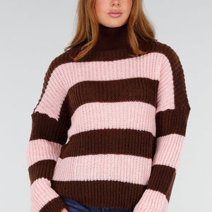 NEW281026 Bruin Roze Gestreepte Col Trui