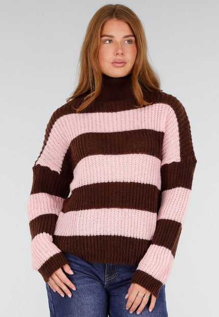NEW281026 Bruin Roze Gestreepte Col Trui