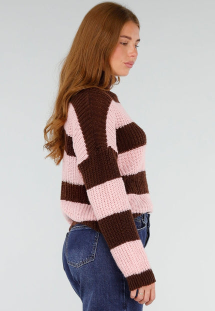 NEW281026 Bruin Roze Gestreepte Col Trui