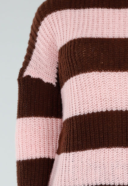 NEW281026 Bruin Roze Gestreepte Col Trui