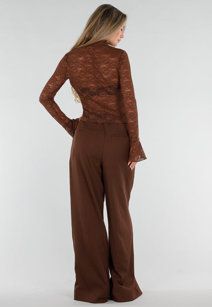 NEW281026 Bruine Kanten Top met Trompetmouwen