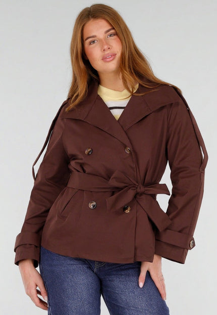 NEW281026 Bruine Korte Trenchcoat met Ceintuur