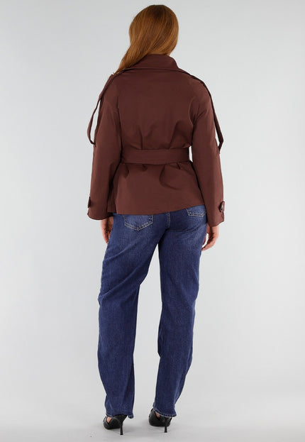 NEW281026 Bruine Korte Trenchcoat met Ceintuur
