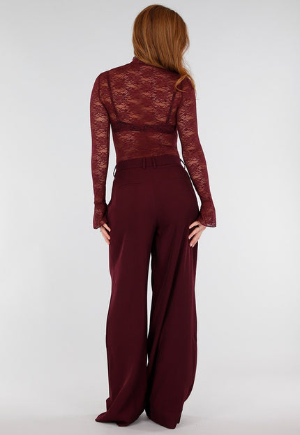 NEW281026 Burgundy Kanten Top met Lange Mouwen