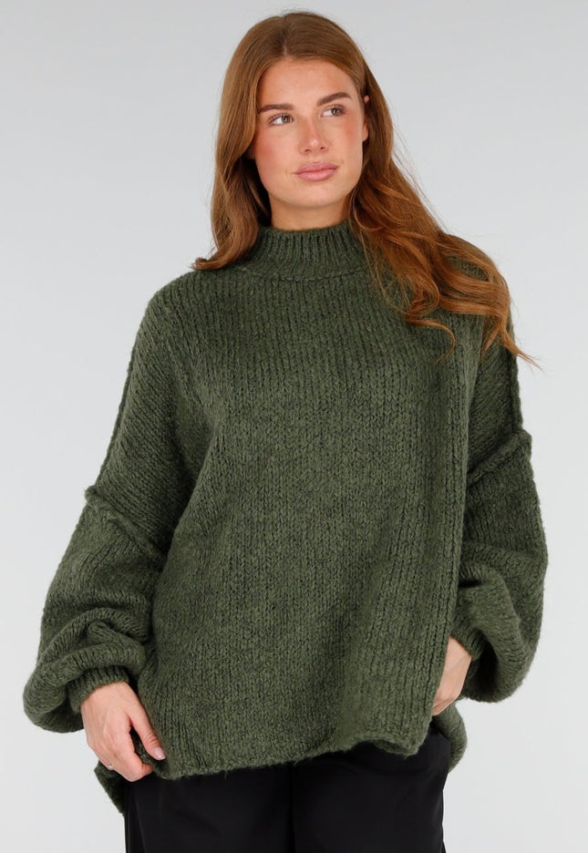 NEW281026 Groene Oversized Trui met Col en Pofmouwen