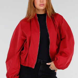 NEW281026 Rode Cropped Bomber Jas met Ritssluiting