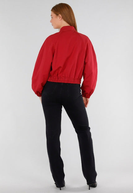 NEW281026 Rode Cropped Bomber Jas met Ritssluiting