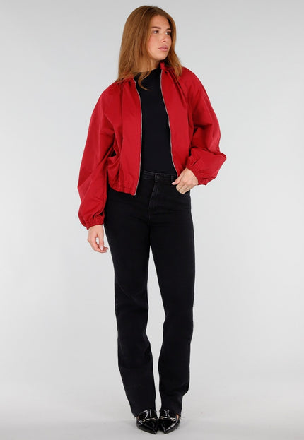 NEW281026 Rode Cropped Bomber Jas met Ritssluiting