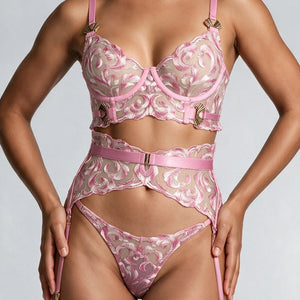 NEW281026 Roze Lingerie Set met Bloemen Borduursel