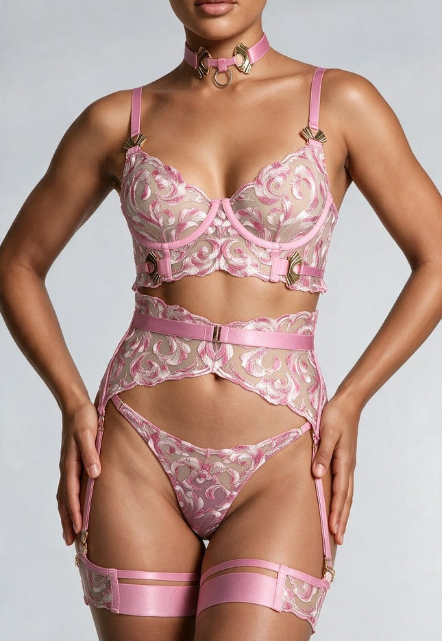 NEW281026 Roze Lingerie Set met Bloemen Borduursel