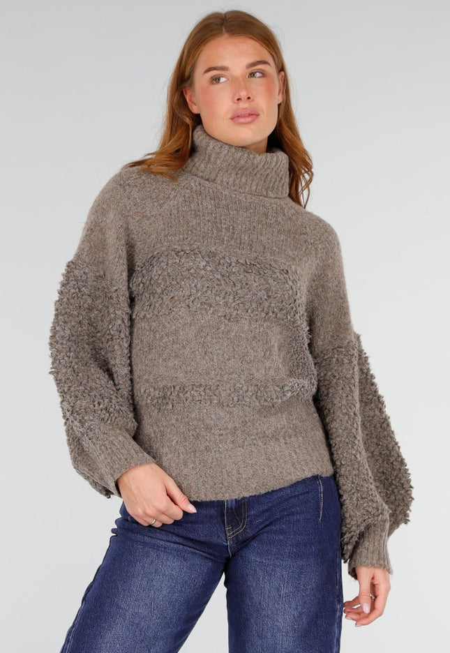 NEW281026 Taupe Gebreide Coltrui met Ballonmouwen