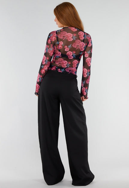 NEW281026 Zwarte Mesh Top met Roze Rozen Print