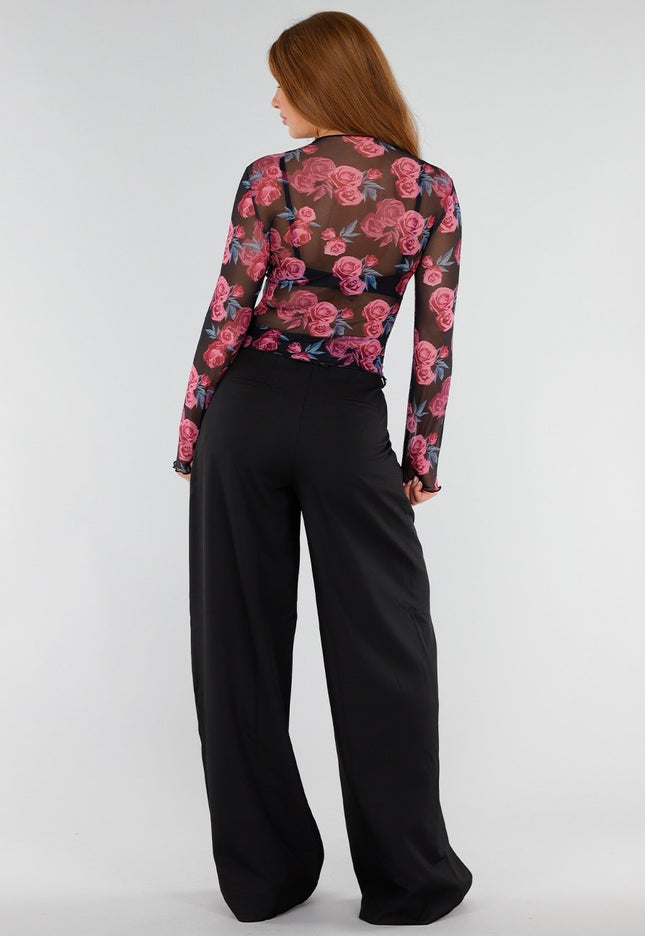 NEW281026 Zwarte Mesh Top met Roze Rozen Print