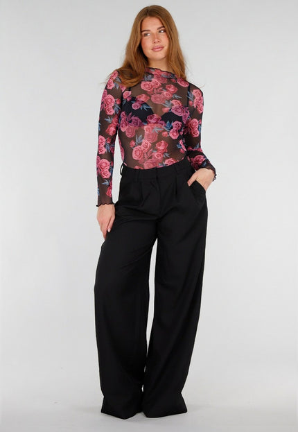 NEW281026 Zwarte Mesh Top met Roze Rozen Print