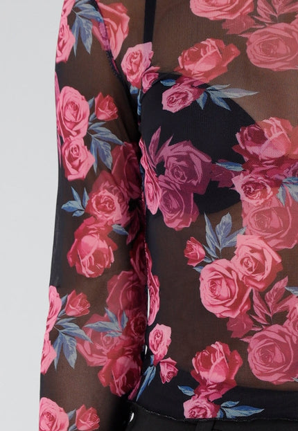 NEW281026 Zwarte Mesh Top met Roze Rozen Print