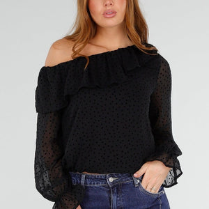 NEW281026 Zwarte One Shoulder Top met Lange Mouwen